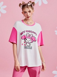 HELLO KITTY AND FRIENDS | SHEIN 卡通和字母圖形拼色下肩t恤