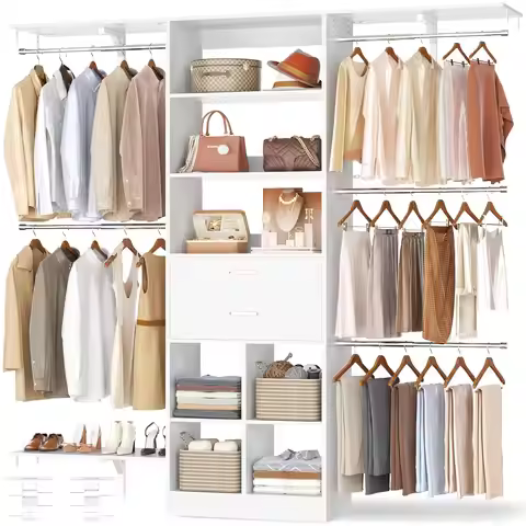 5FT Closet Organizer with Drawers & 5 Rods, Adjustable 1.5-6.8FT Walk In Wardrobe with Reversible Sh