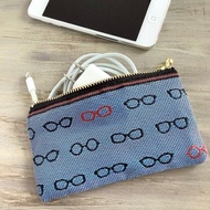 【眼鏡圖案】藺草邊飾 扁平迷你收納包 卡片夾 零錢包 藍色 眼鏡 獨特