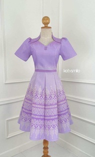 N722 ชุดเดรสผ้าทอลาย คอปีน กระโปรงบาน 8 ชิ้น อัดกาวทั้งชุด