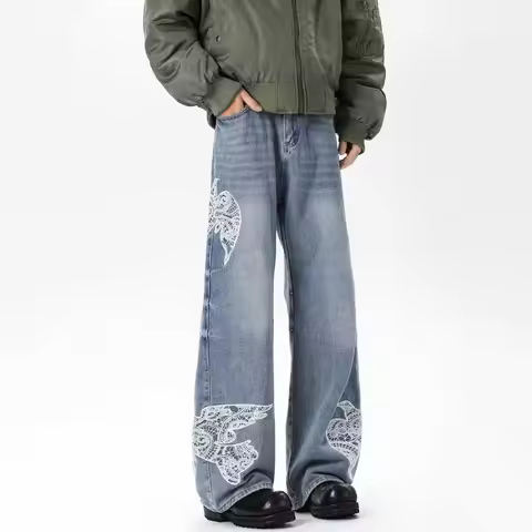 Autumn Men's Dove Of Peace Appliques Embroidered Jeans New Y2K Vintage Straight Baggy Denim Pants Wa