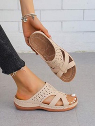 女士腳趾拖鞋適合夏季戶外活動，圓頭鑽石空心，楔形跟和厚底海灘羅馬拖鞋