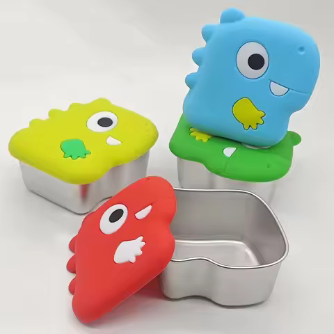 Stainless Steel Snack Containers 9oz Lunch Boxes with Silicone Lids Reusable Food Box Dinosaur Shape