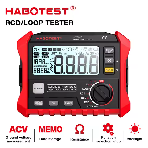 HT5910 Resistance Meter Leakage Switch Tester 4.7inch LCD Digital RCD/Loop Tester 1000 Data Storage 