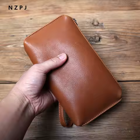NZPJ Men's Leather Long Wallet First Layer Cowhide Zipper Clutch Bag Retro Bank Card Case Soft Leath