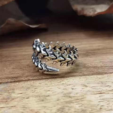 Vintage Gothic Keel Spine Rings For Women Men Antique Silver Hyperbole Centipede Open Ring Hip Hop J