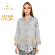 Lavina - Modern Embroidered Encim Kebaya, Traditional Betawi Batik, Grey Silver, Long Sleeves, Jumbo