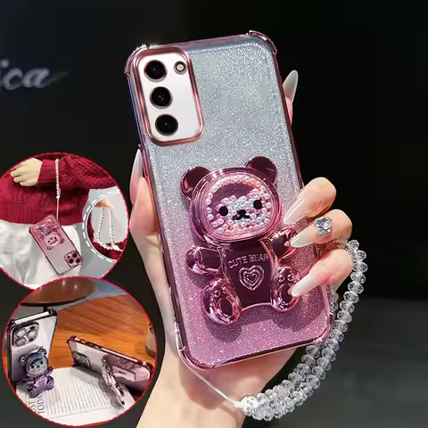 4 Corner Shockproof Phone Case with Cute 3D Bear Stand Crystal Chain Lanyard Glitter For Tecno Spark
