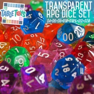 D&D Dice - Transparent RPG Dice Set (D4, D6, D8, D10, D10%, D12, D20)