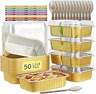 LNYZQUS 50 Pack 1.5lb Small Foil Pans with Lids, 7” x 5” Individual Baking Tins Leftover Containers,