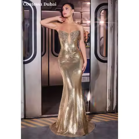 Contessa Custom Gold Sequin Evening DressCrystal Embellished Prom Dresses Mermaid Vestidos De Noche 