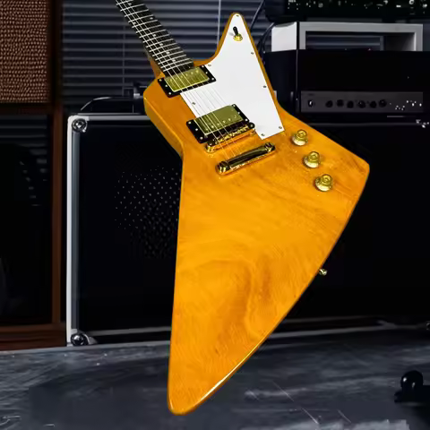 Free Shipping Yellow 1958 Explorer Electric Guitar Gold Hardware HH Pickups White Pickguard with Fix