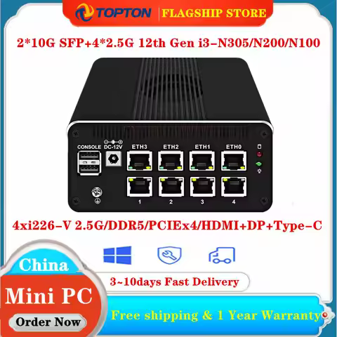 Topton Firewall Appliance 2*10G SFP+ 4x i226-V 2.5G Intel i3-N355 N305 N200 N150 N100 DDR5 NVMe Soft