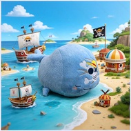 PS2 One Piece Laboon Plushie Pillow Blue Whale Stuffed Toy With Straw Hat Jolly Roger Pattern Cushio