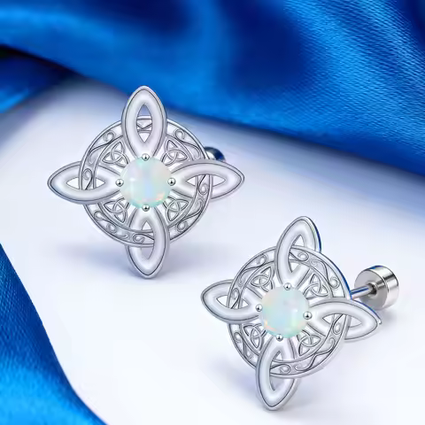 YILUOCD Natural Opal Stone Witches Knot Stud Earrings 925 Thai Silver Protection Amulet Earrings Jew