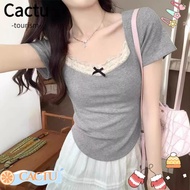 CACTU Lace Short Sleeve T-shirt, Lace Bow Design Style Cropped Top,  Plain Korean Style Bow Lace T-shirt Women