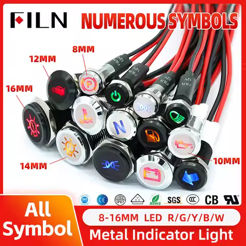 FILN Dash Pilot Light with Wire Symbol LED 12V 24V Metal Indicator 8/10/12/14/16mm Indicator LightCa