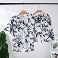 2024 New Men's Casual Loose Ice Silk Leaf Printed Shirt and Shorts Comfort Suit Summer Stylish Beach