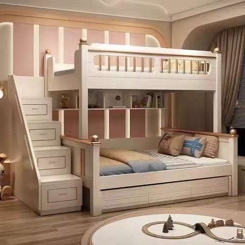 135x190cm wood mattress bunk bed With slide ladder king size frame 3 drawers storage kids loft bed q