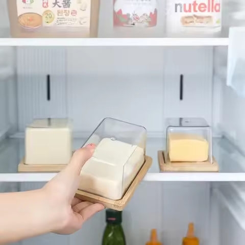 Nordic Countertop Bamboo Butter Dish Plate with Transparent Acrylic Lid Kitchen Storage Butter Conta