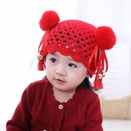 Baby Hanfu Hat Autumn and Winter New Style Baby Girl New Year Hat Bright Red Woolen Cap Cute Fur Ball Chinese Style