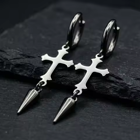 Fashionable Dark Gothic Earings for Street Dance, Simple and Personal Stainless Steel Cross Earrings