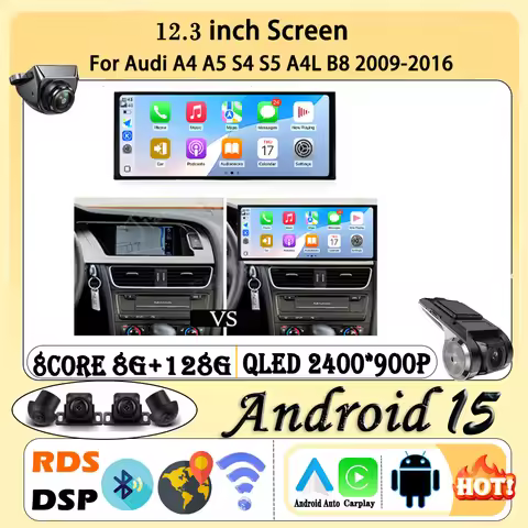 2400*900P 12.3" Android 15 For Audi A4 A5 S4 S5 A4L B8 2009-2016 Car Radio Multimedia Player GPS Nav