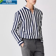 Kemeja Stripe Pria Lengan Panjang Salur Baju Garis Garis Atasan Garis Navy Putih - Ridho Fashion