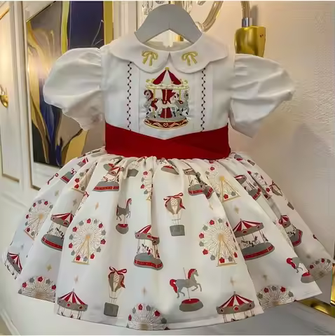 0-12Y Baby Girl Merry-go-round Embroidery White Vintage Princess Dress for Holiday Photography B127