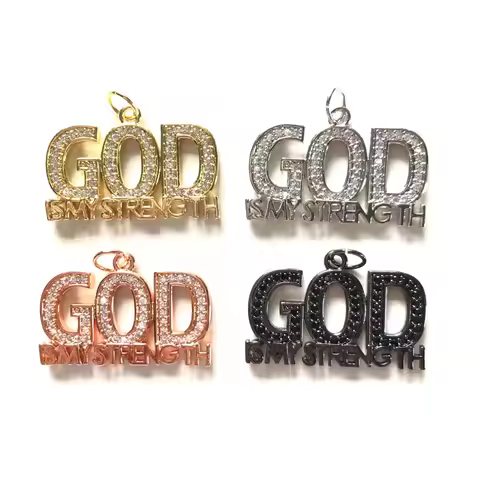 5pcs God Is My Strength Word Charm Bling Zirconia Paved Religious Letter Pendant for Women Girl Neck