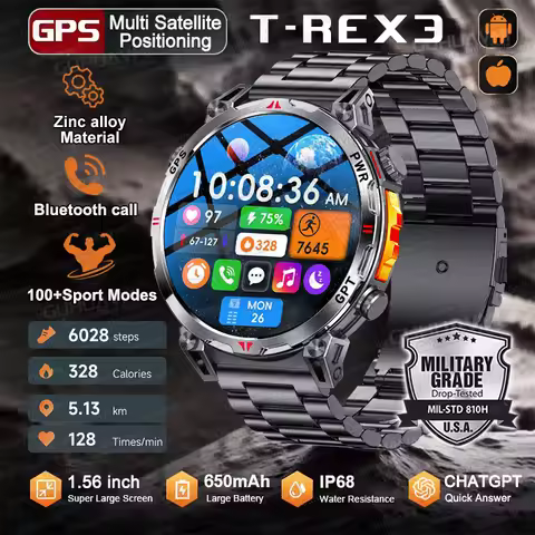 2025 Military Smart Watch T-Rex 3 GPS Compass Altimeter Clock Heart Rate 1.56" AMOLED CHATGPT Call S