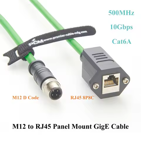 M12 to RJ45 CAT6A Panel Mount GigE Cable, Panel Mount RJ45 Keystone to M12 D Code 4 Pin Male Profine