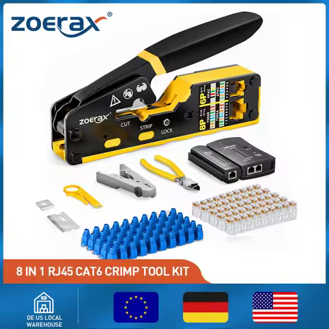 ZoeRax 8 in 1 RJ45 Cat6 Cat5e Crimp Tool Kit RJ45 Crimping tool,Cable Tester,Wire Cutter,Blades,50Pc