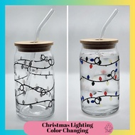 Color Changing Christmas Light Glass Can Cup with bamboo lid and glass straw | Gifts | Custom Cup | tumbler | starbucks