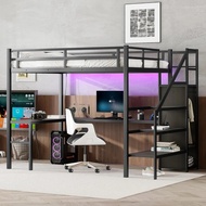 Bunk Bed.full XL Size Metal Loft Bed With Desk And Wardrobe,heavy Duty Loft Bed Frame With Storage S