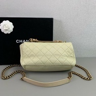 Chanel CF象牙白 金扣 幻彩荔枝紋牛皮口蓋包 斜背包肩背包