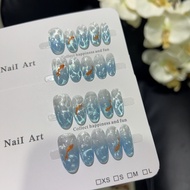 Summer Glacier Blue Undersea Koi Water Ripple Gradient Almond Handmade Press On Nails Gentle Fairy G