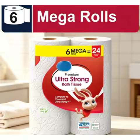 Ultra Strong 2 Ply Toilet Paper 6 Mega Rolls Bathroom Tissue Soft Thick Absorbent
