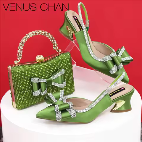 Med Heel Shoes for Women Hollowed Out Embroidery Rhinestone Italian Design Olive-green Color Pointed