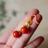 天然原礦南紅 珍珠古法金鳳設計耳勾耳環