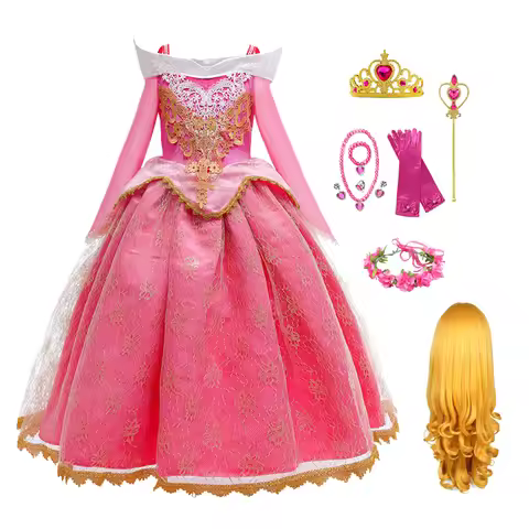 Girls Pink Beauty Aurora Cosplay Dress Long Sleeves Off Shoulder Kids Halloween Christmas Gift Fancy