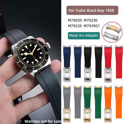 20mm 21mm 22mm For Tudor Heritage Black Bay Panda Chrono Black Shield Rubber Strap Curved End Link M