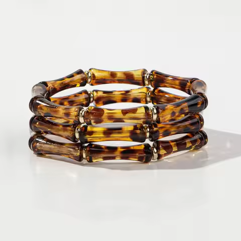 3pcs Leopard Acrylic Bamboo Women's Hand Bracelets Retro Stack Thin Tube Beaded Elastic Bracelet Ban