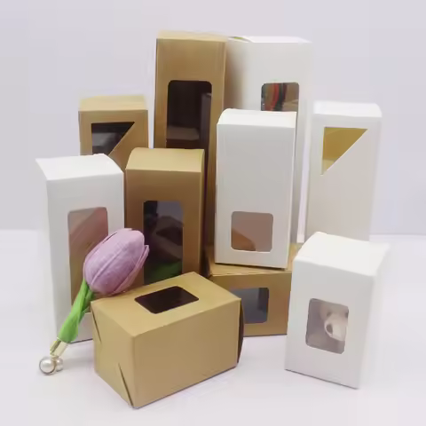 10 Pieces Wholesale Gift Packaging Box 5x5x8/10/12/15/20cm Series Window Paper Box White/Cowhide Col