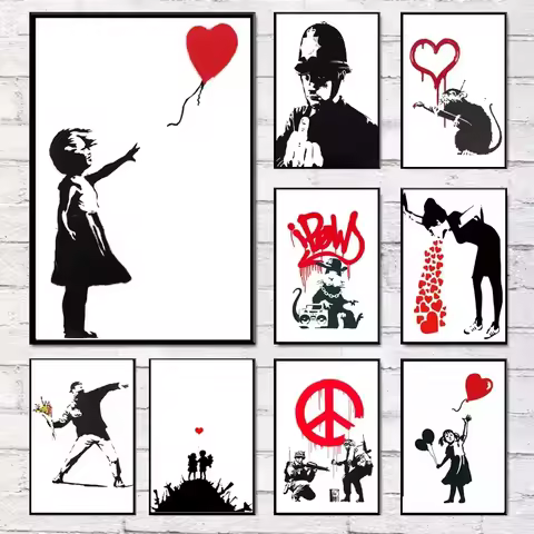 Girl and Red Balloon Banksy Art Nordic Characters Canvas Painting Mural Poster Living Room Bedroom B
