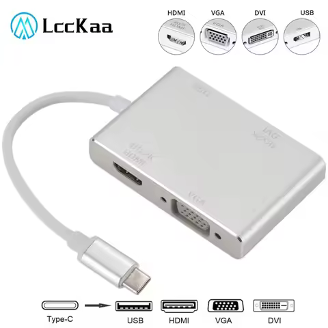 LccKaa 4K USB C Type-C to HDMI-Compatible VGA DVI USB 3.0 Adapter 4 in 1 USB C Converter for Laptop 