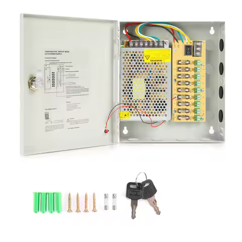 CCTV Power Supply Box, 9-Port Channel DC 12V 10A 120W Power Distribution Metal Fuse AC 110 -240V Sur