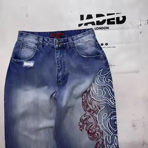 Y2K Fashion Trend Side Embroidered Women's Jeans Harajuku American Hip-hop Couple Streetwear Baggy J