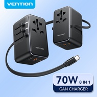 Vention 70W GaN Universal Travel Adapte All in one Charger Built-in USB Type C Cable for US UK AUS E