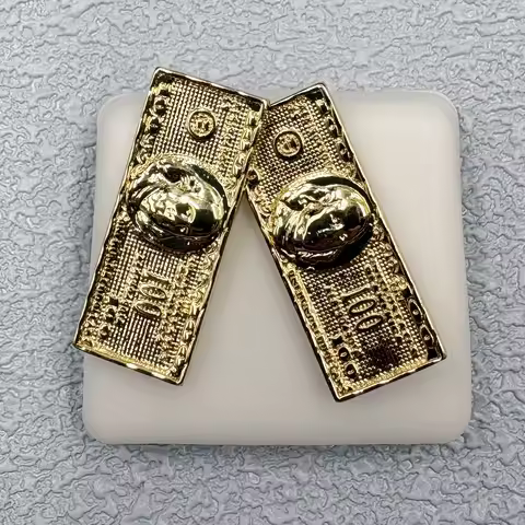 Big Size 14K Gold Plated 100 Dollar Bill Stud Earrings, Copper Nugget Textured Cookie Earrings, Hip 